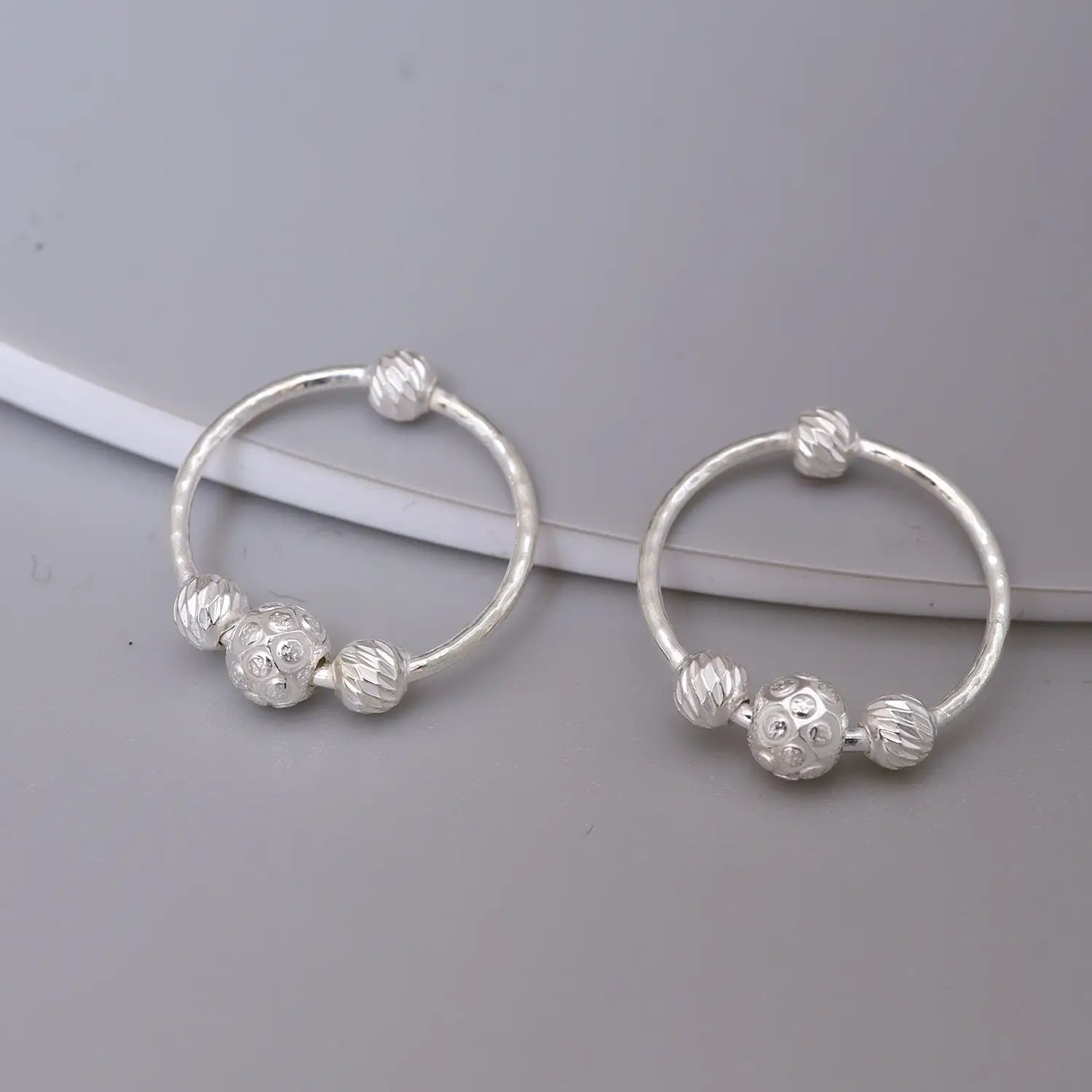 Ornate Beaded Circle Silver Hoop Earrings - Made With Pure 925 Silver