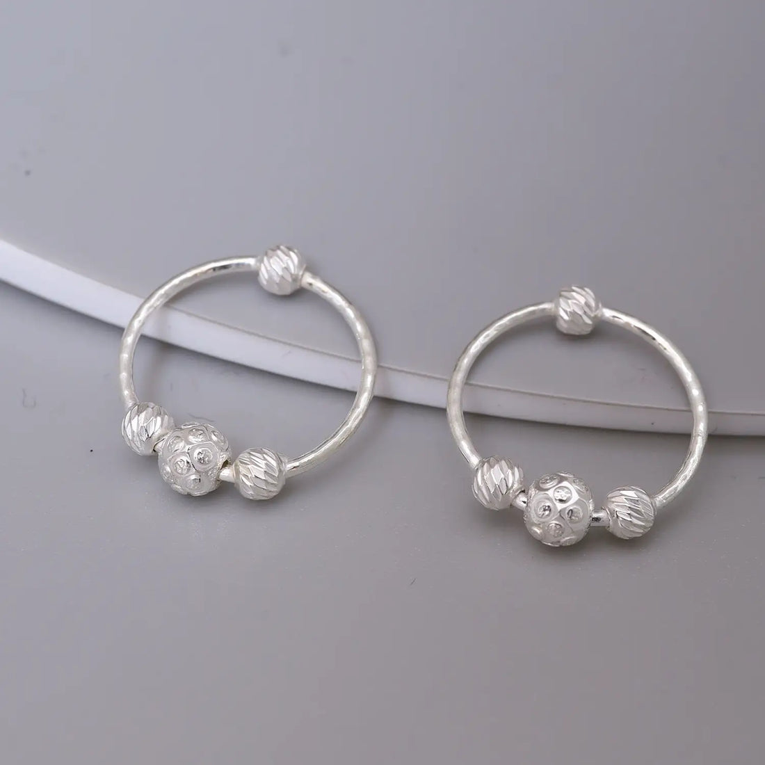Ornate Beaded Circle Silver Hoop Earrings - Made With Pure 925 Silver