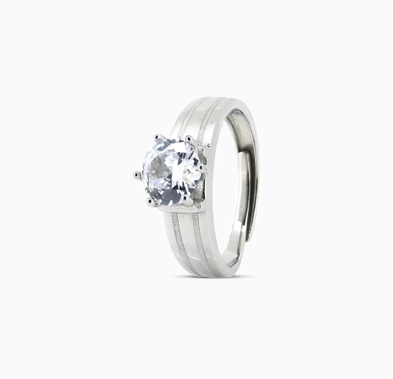 Classic Solitaire Silver Ring with Textured Band - Made With Pure 925 Silver
