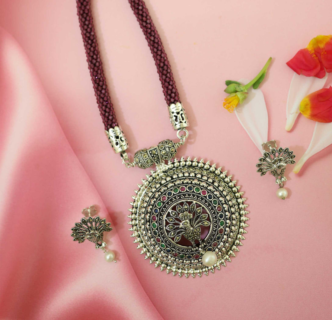 Peacock Charm Antique Silver Nacklace Set- Made With Pure 925 Silver