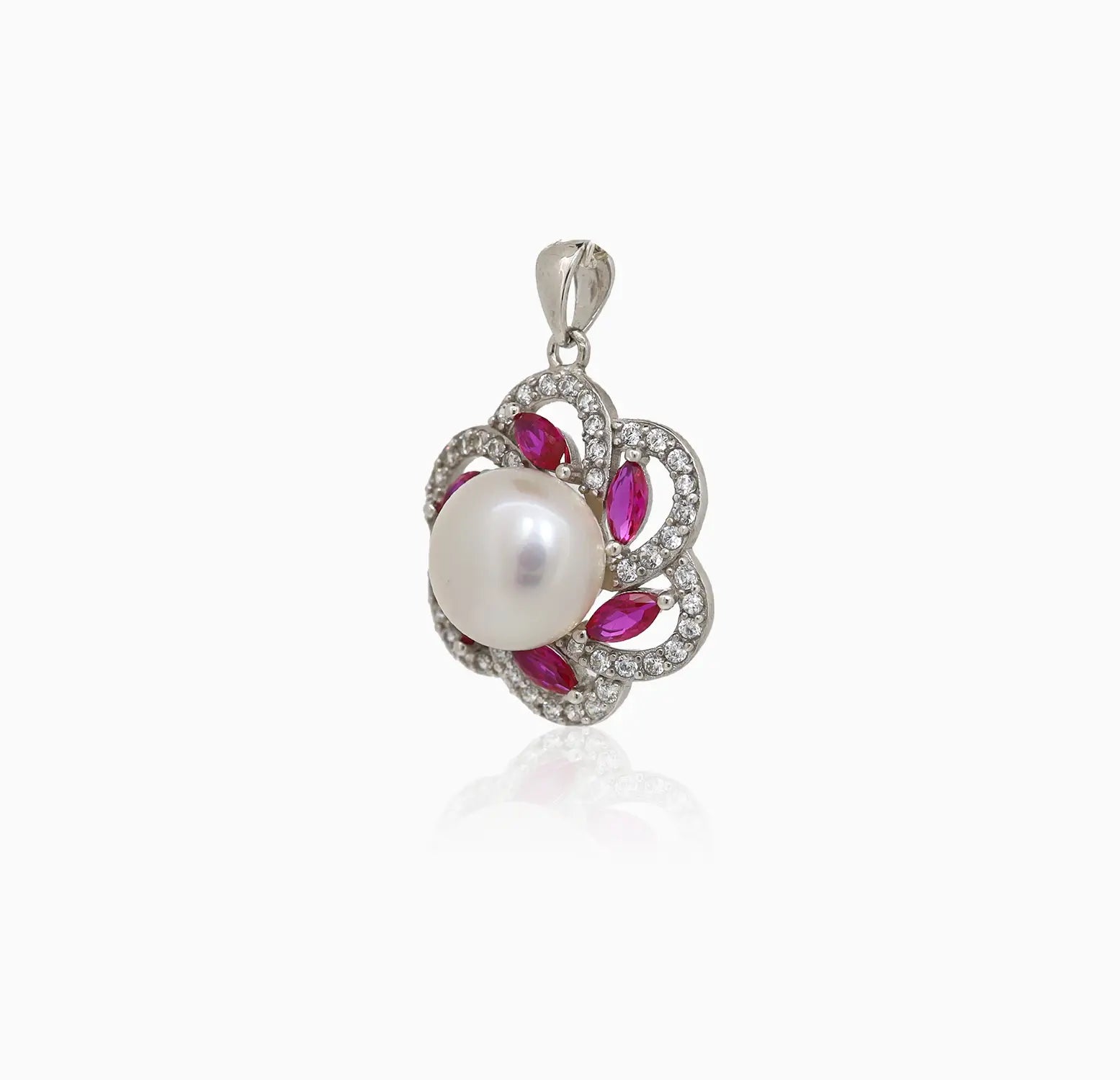 Elegant Pearl & Ruby Floral Silver Pendant - Made With 925 Pure Silver