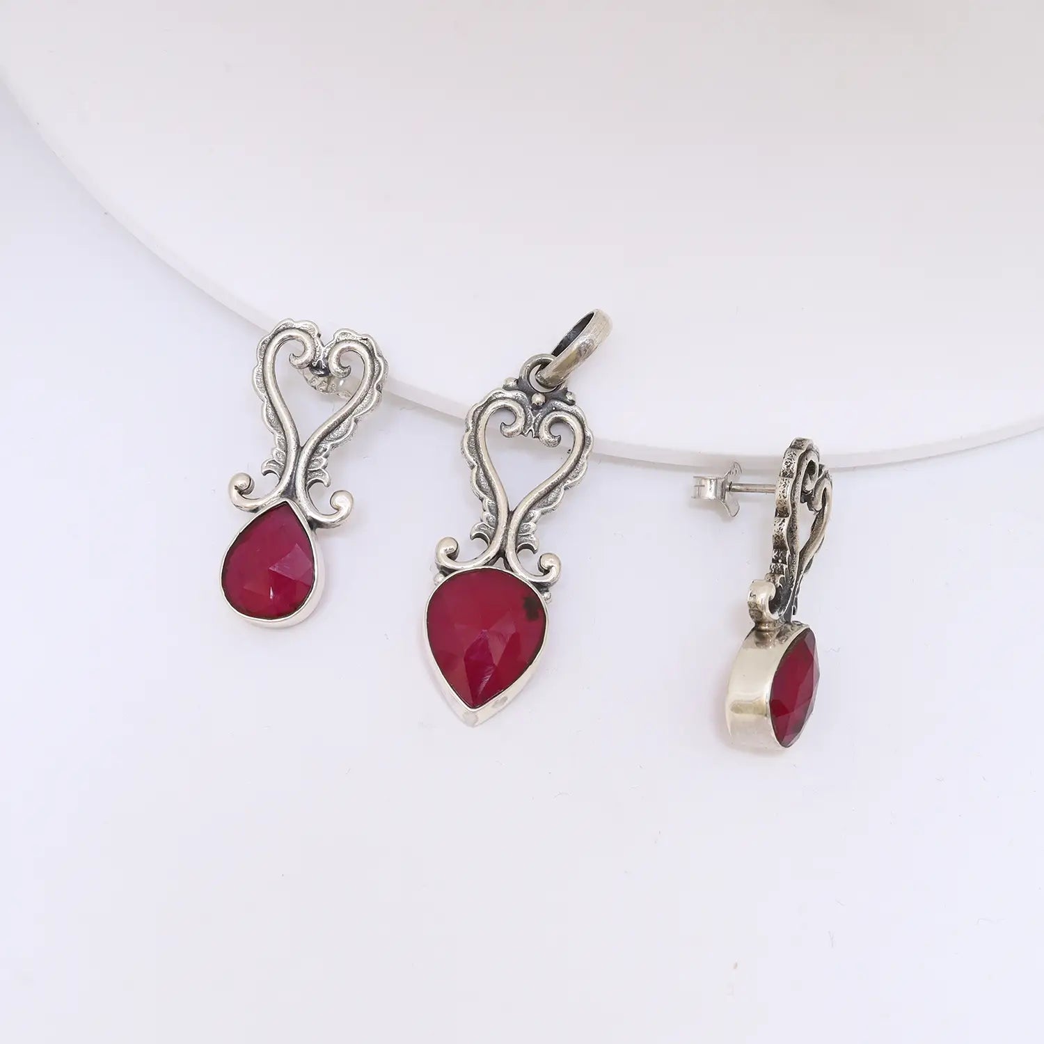 Elegant Ruby Heart Sterling Silver Pendant Set - Made With Pure 925 Silver