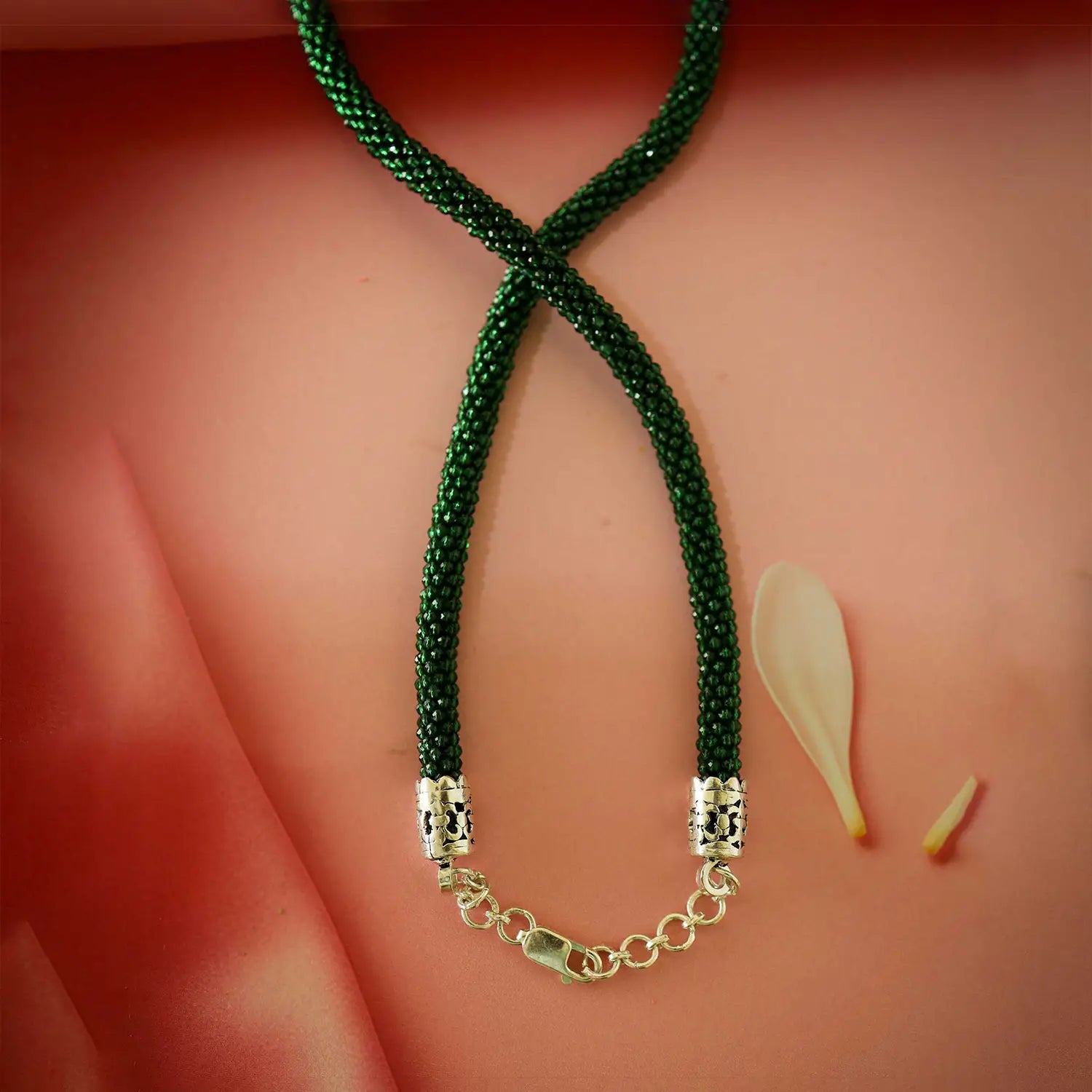 Antique Silver Peacock Necklace Set with Green Beaded Chain- Made With Pure 925 Silver