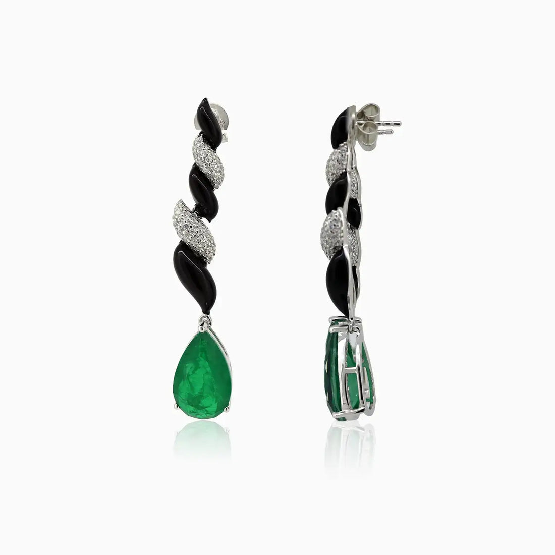 Emerald Green & Black Enamel Silver Drop Earrings- Made With Pure 925 Silver