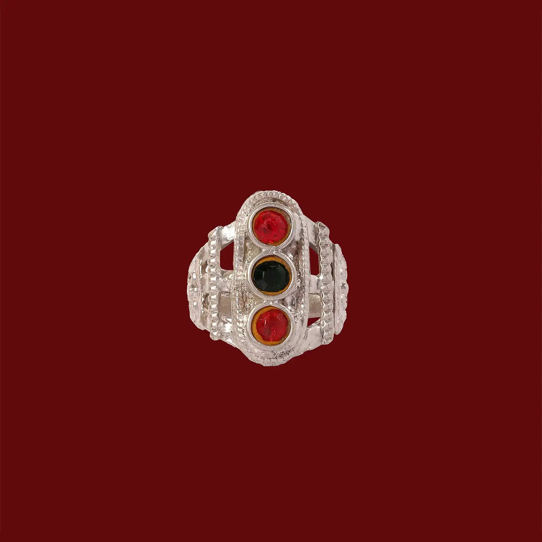 Silver Tribal Ring with Red & Green Stones- Made With Pure 925 Silver
