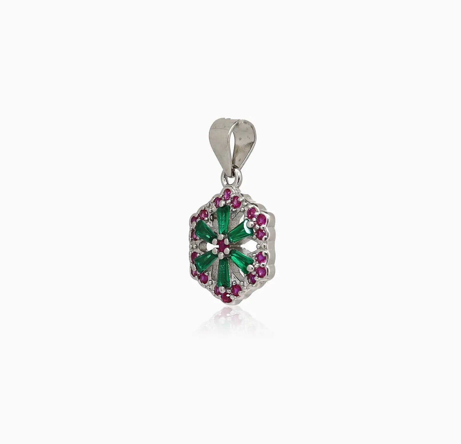 Floral Hexagon Silver Pendant with Green & Pink Stones Made With Pure 925 Silver