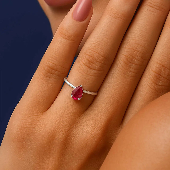 Red Tilak Shape Stone Silver Ring - Made With Pure 925 Silver