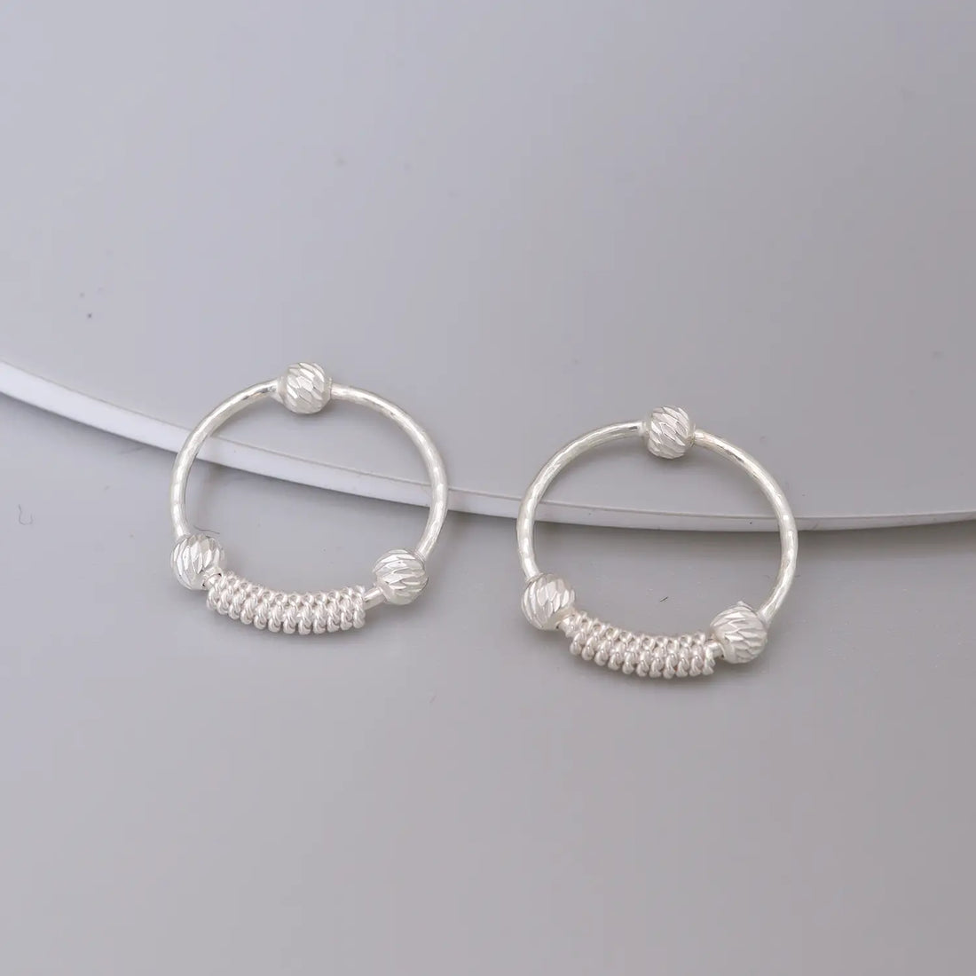 Textured Beaded Silver Hoop Earrings - Made With Pure 925 Silver