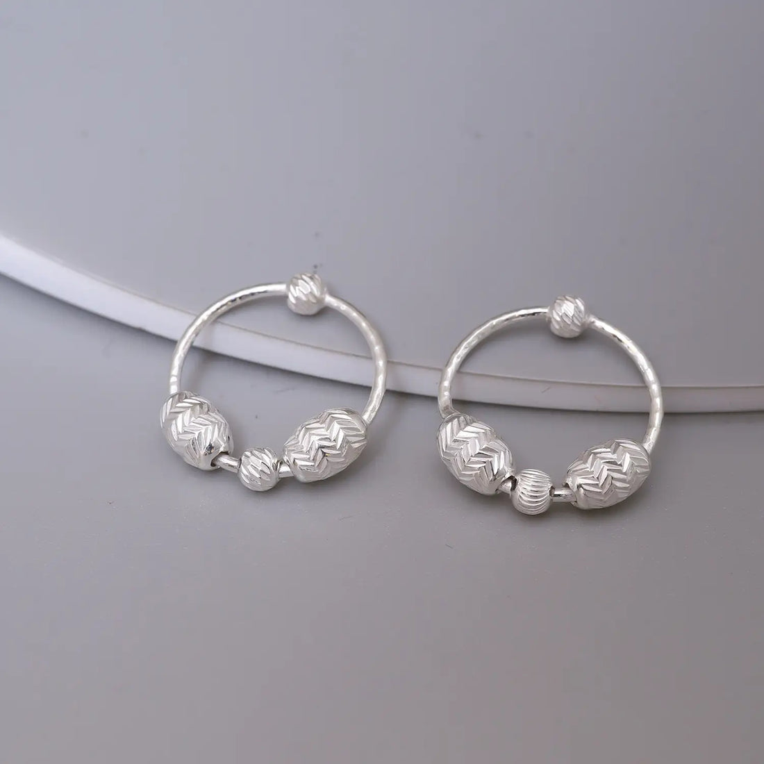 Textured Bead Accent Oval Hoop 925 Silver Earrings - Made With Pure 925 Silver