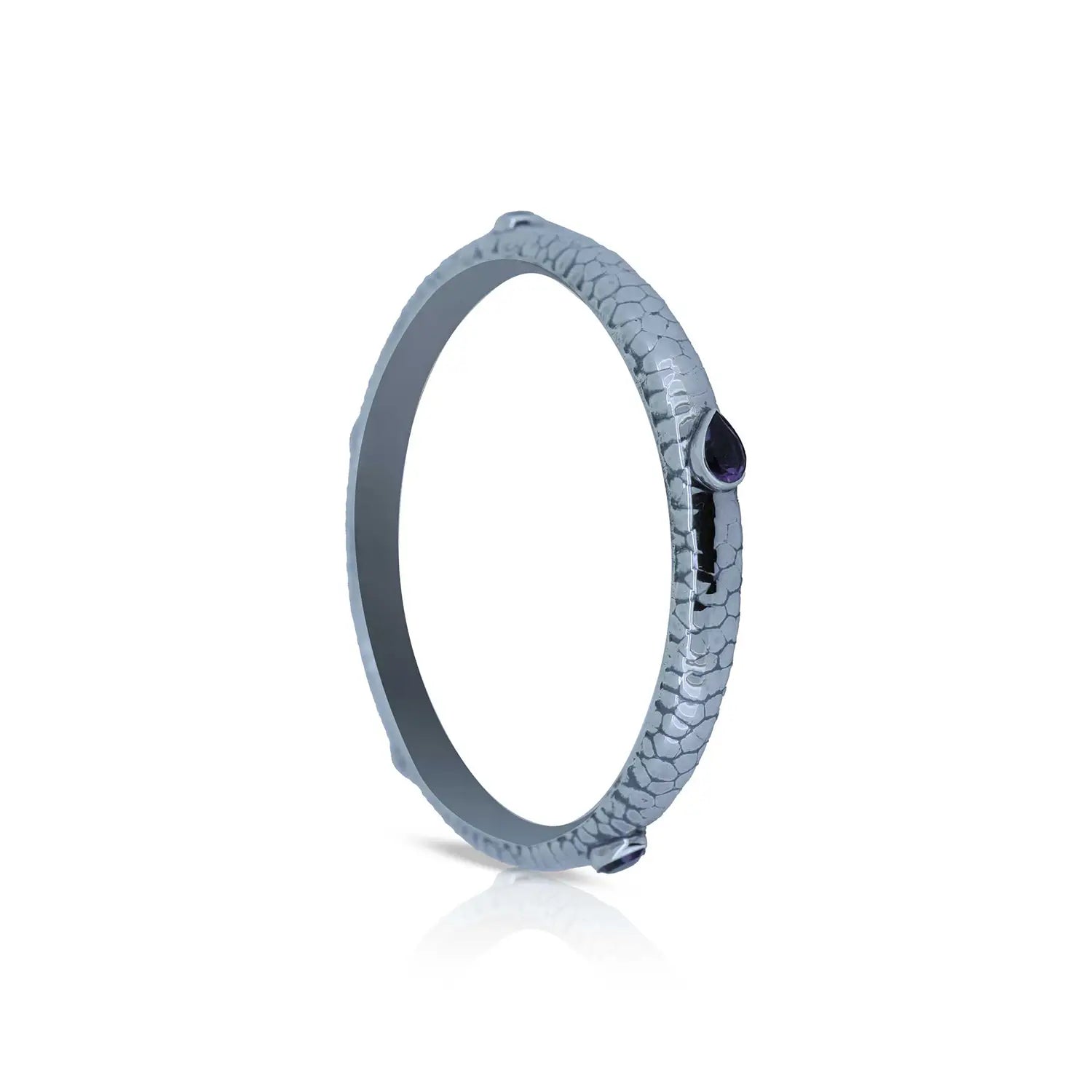 Textured Pure Silver Kada with  Purple Stones- Made With Pure 925 Silver