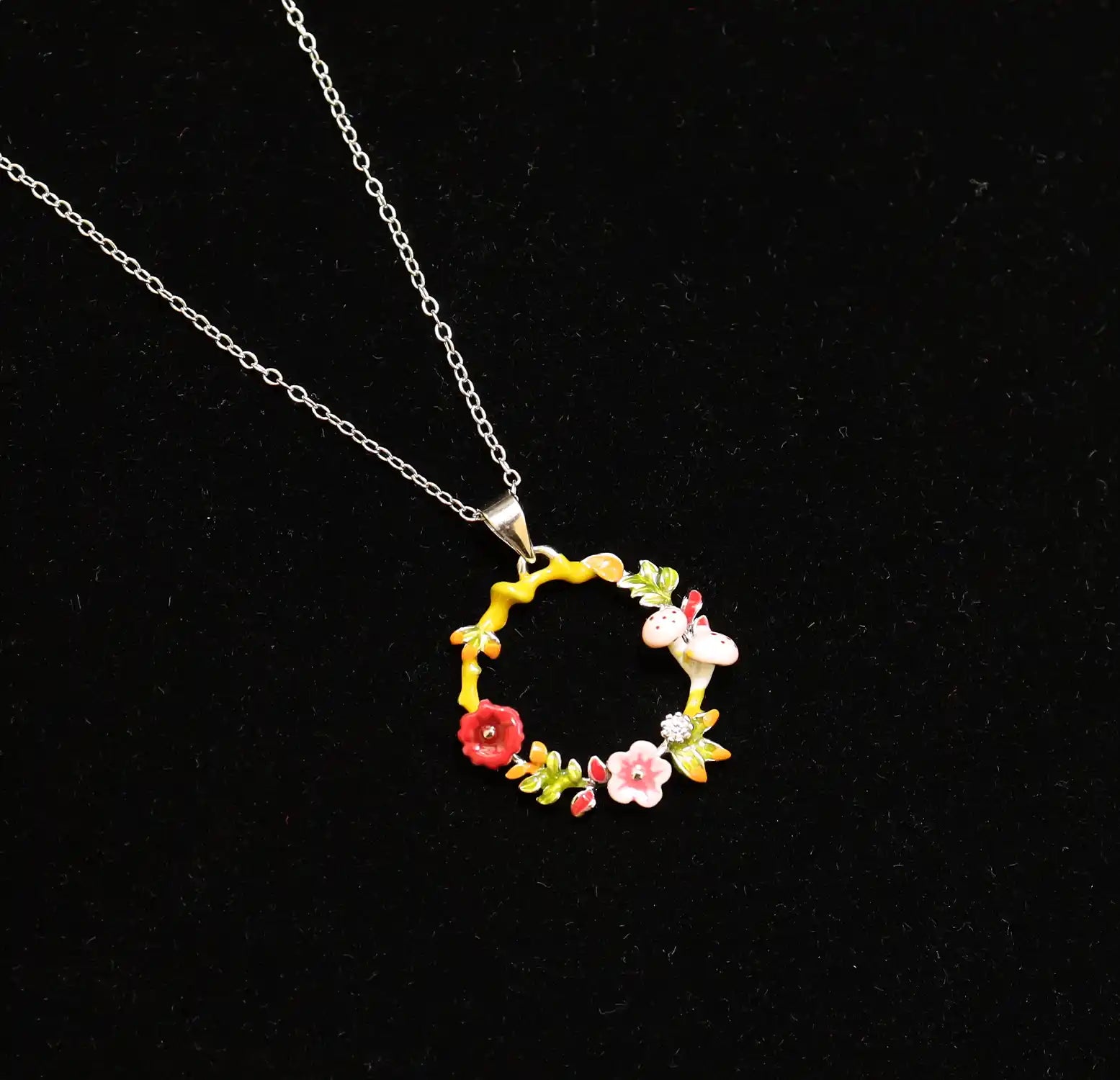 Enamel Ladybug Floral Wreath Silver Necklace- Made With Pure 925 Silver