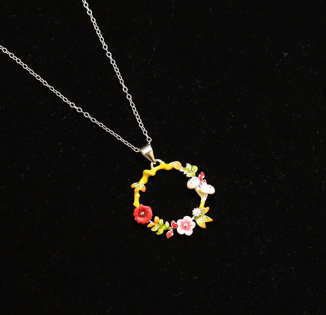 Enamel Ladybug Floral Wreath Silver Necklace- Made With Pure 925 Silver