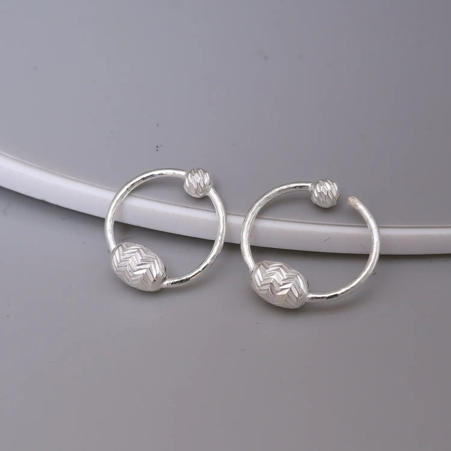 Textured Double-Bead Oval Hoop 925 Silver Earrings - Made With Pure 925 Silver