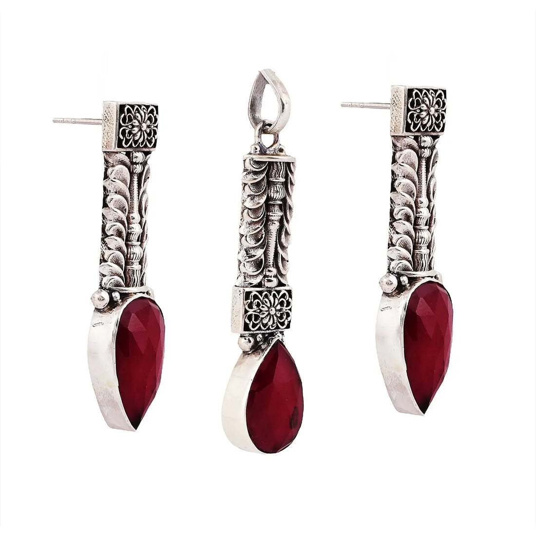 Antique Silver Pendant Set with Deep Red Stone- Made With Pure 925 Silver