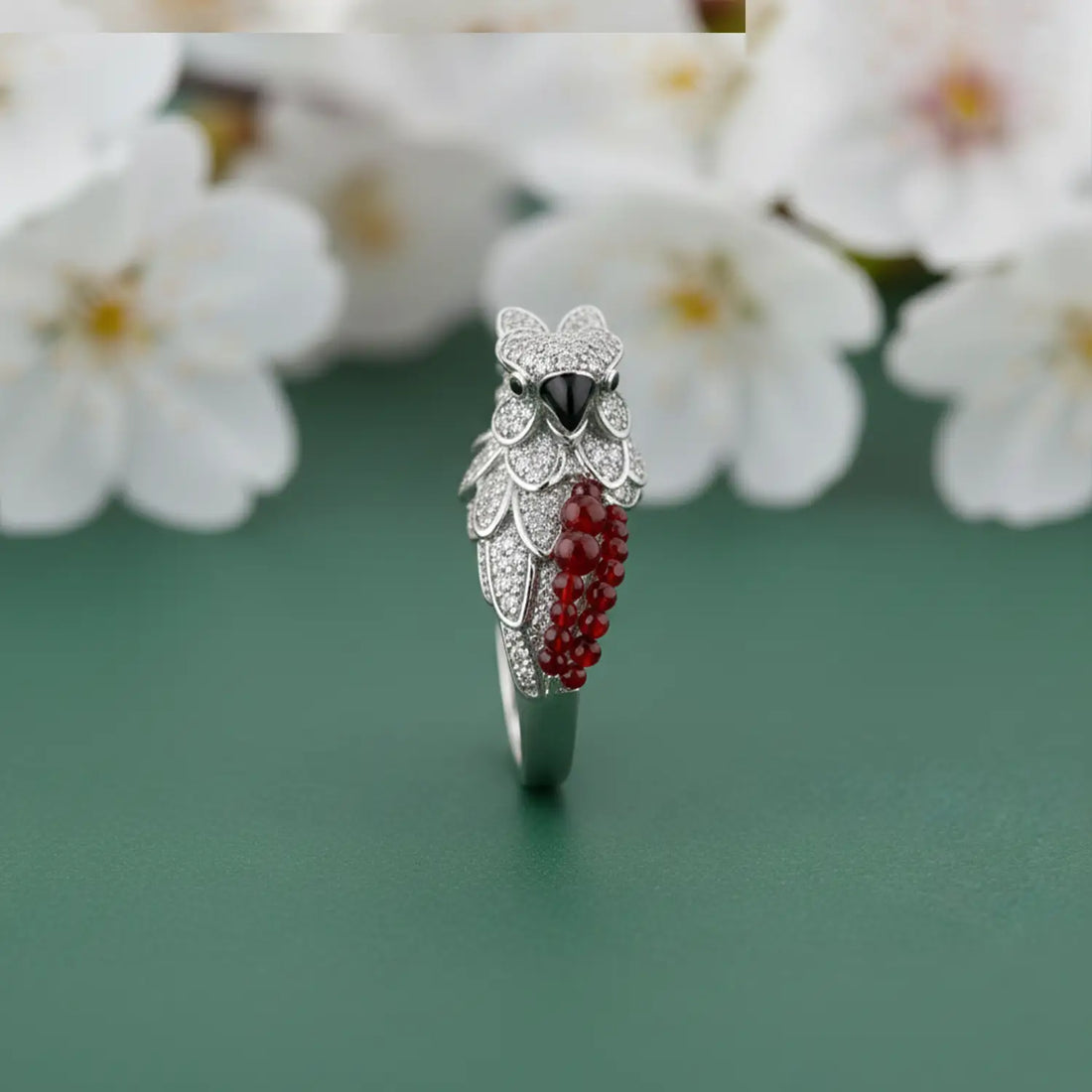 Pure Parrot Ring with Red Beads - Made With 925 Silver