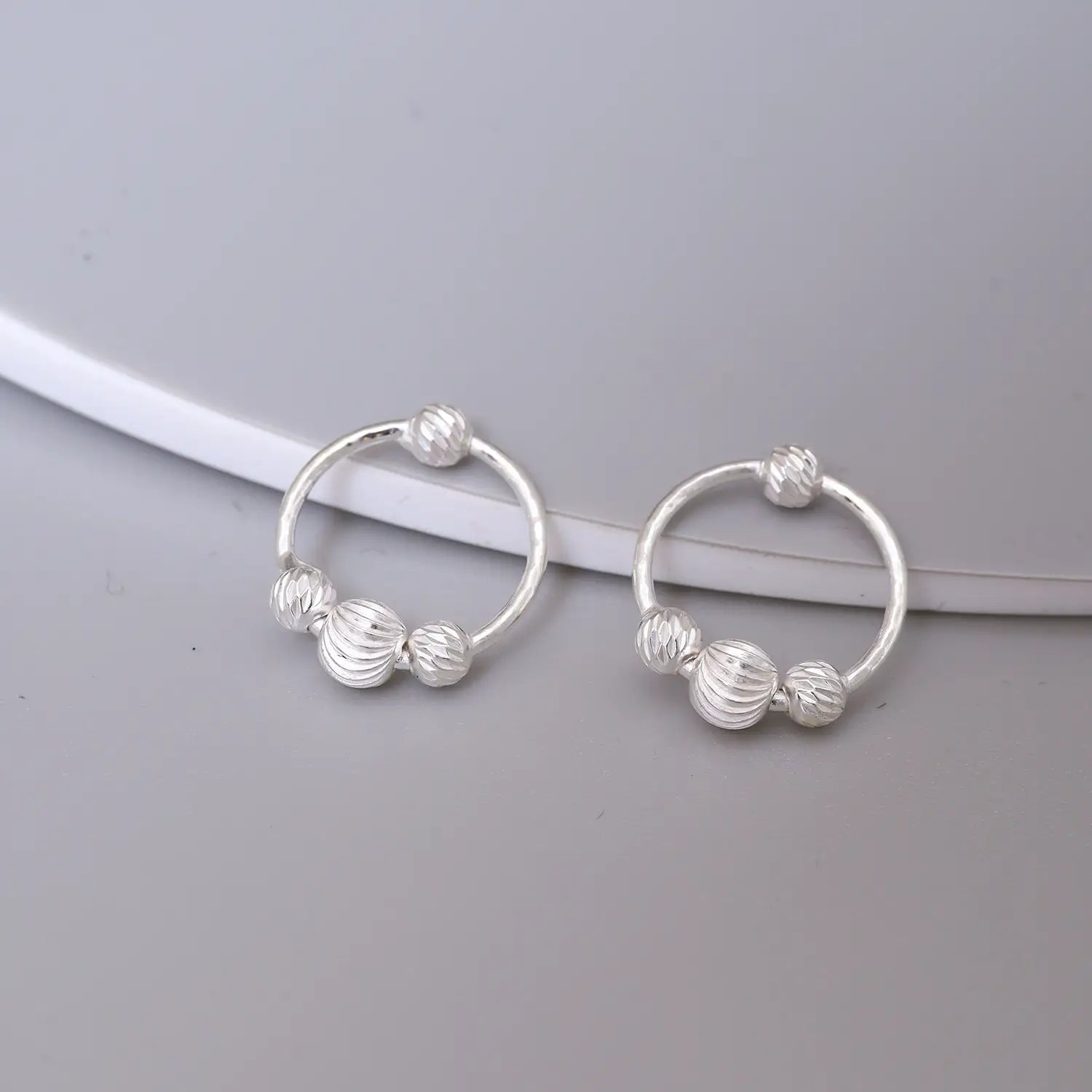 Ribbed Bead Circle Silver Hoop Earrings - Made With Pure 925 Silver