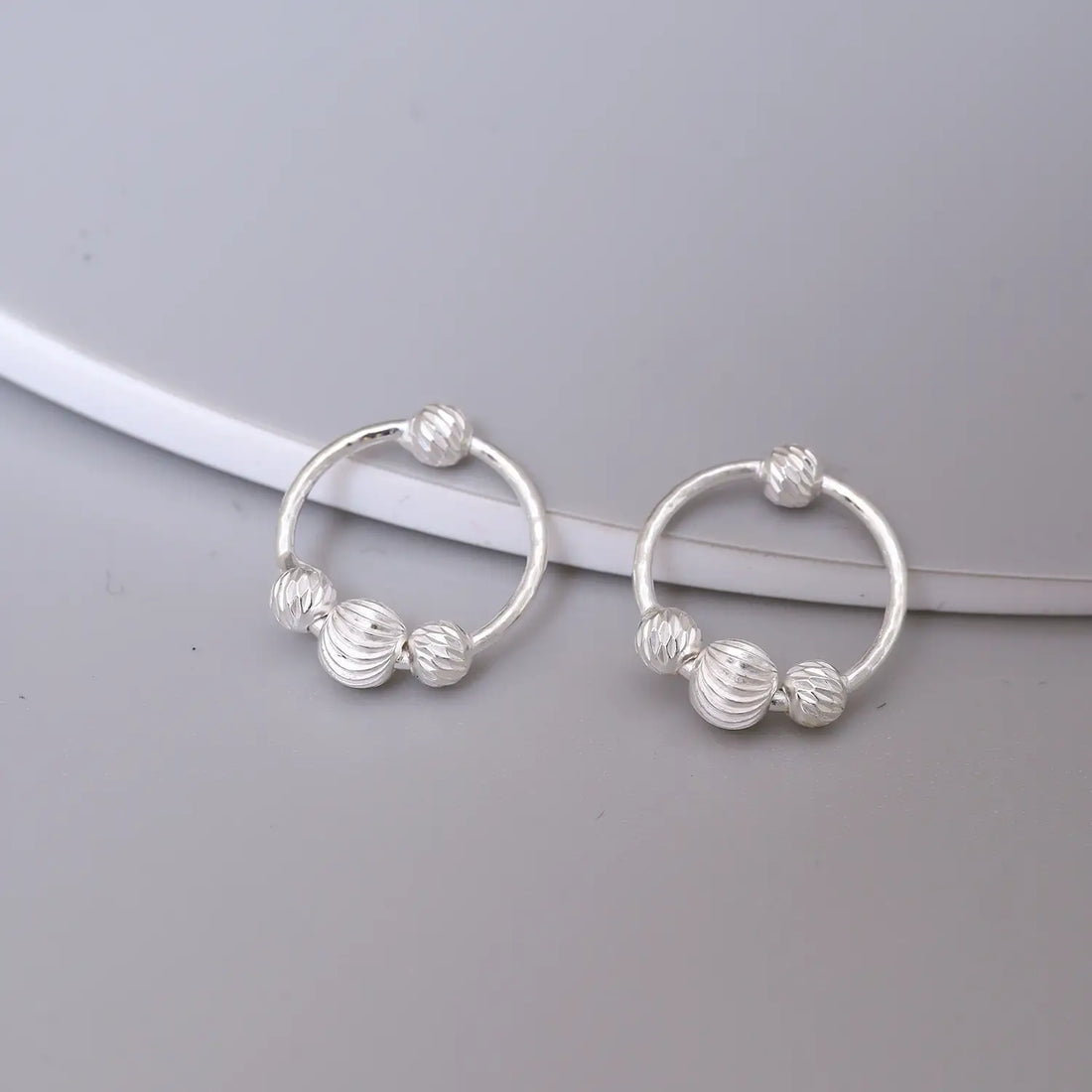 Ribbed Bead Circle Silver Hoop Earrings - Made With Pure 925 Silver
