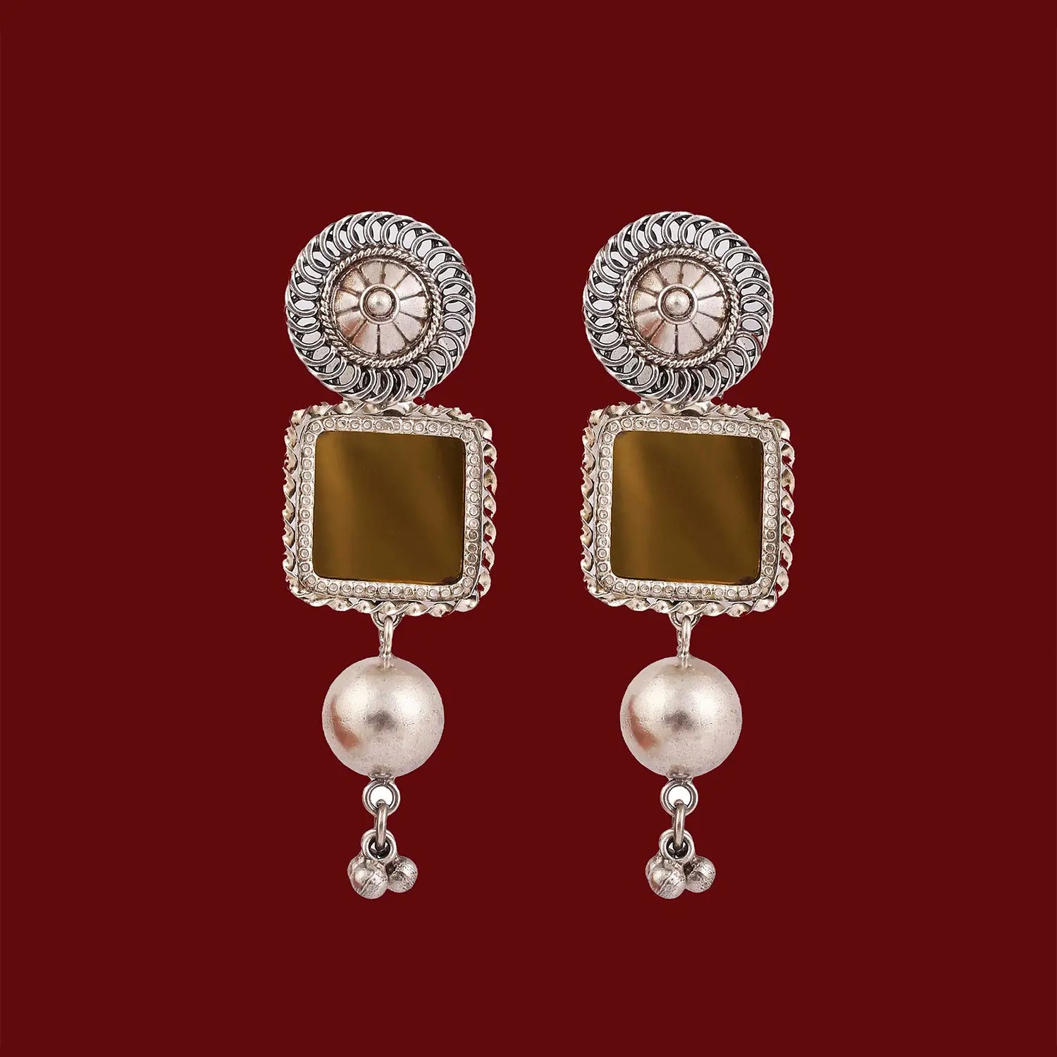 Antique Silver Square Earrings with Pearl Drops- Made With Pure 925 Silver