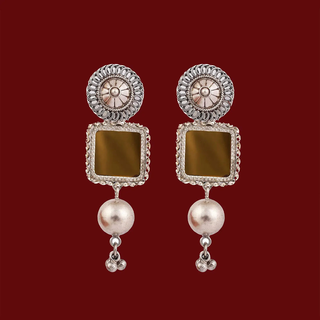 Antique Silver Square Earrings with Pearl Drops- Made With Pure 925 Silver