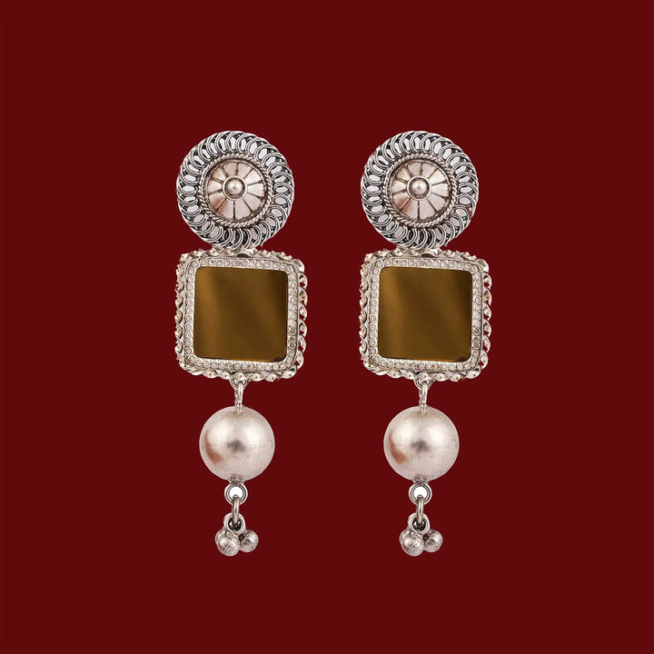 Antique Silver Square Earrings with Pearl Drops- Made With Pure 925 Silver