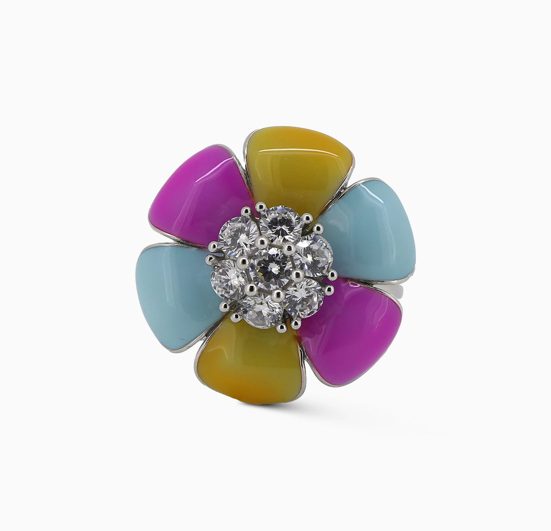 Colorful Floral Pure Silver Ring - Made With 925 Silver