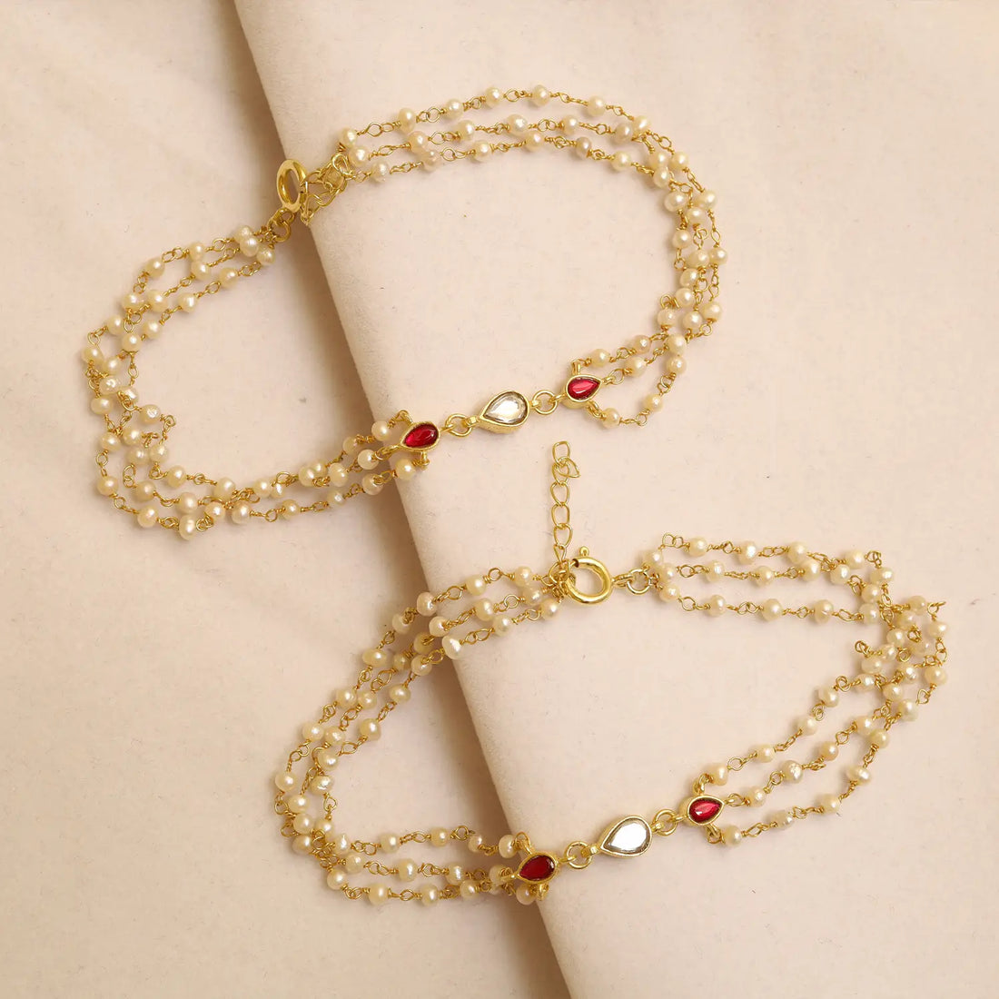 Elegant Pearl & Ruby Drop Silver Anklet - Made With Pure 925 Silver
