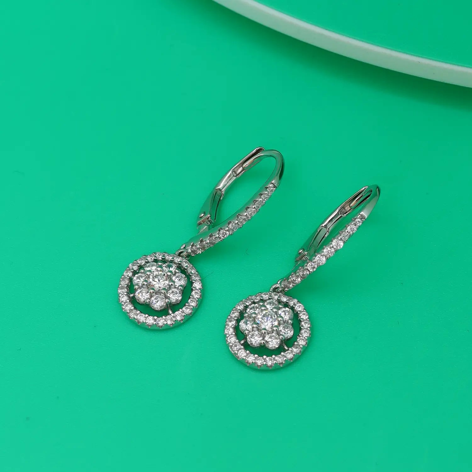 Elegant Floral Halo Drop Silver Earrings - Made With Pure 925 Silver