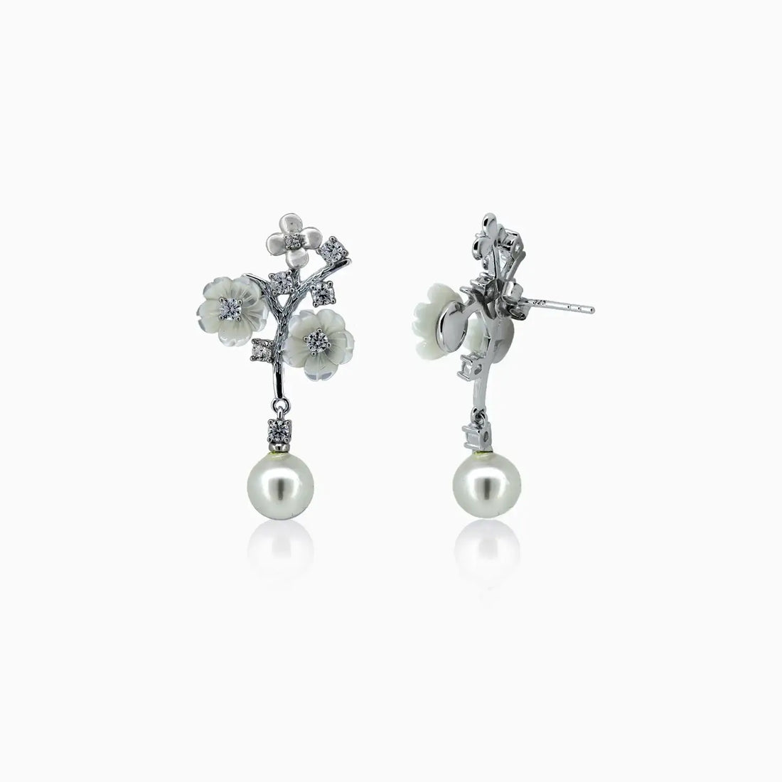 Floral Pearl Drop Silver Earrings- Made With Pure 925 Silver