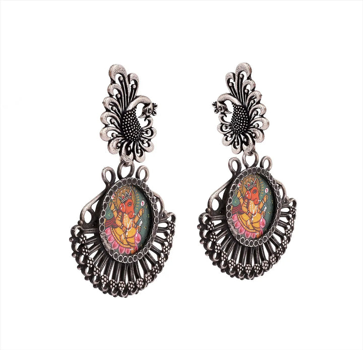 Silver Ganesha Art Mirror Work Earring
