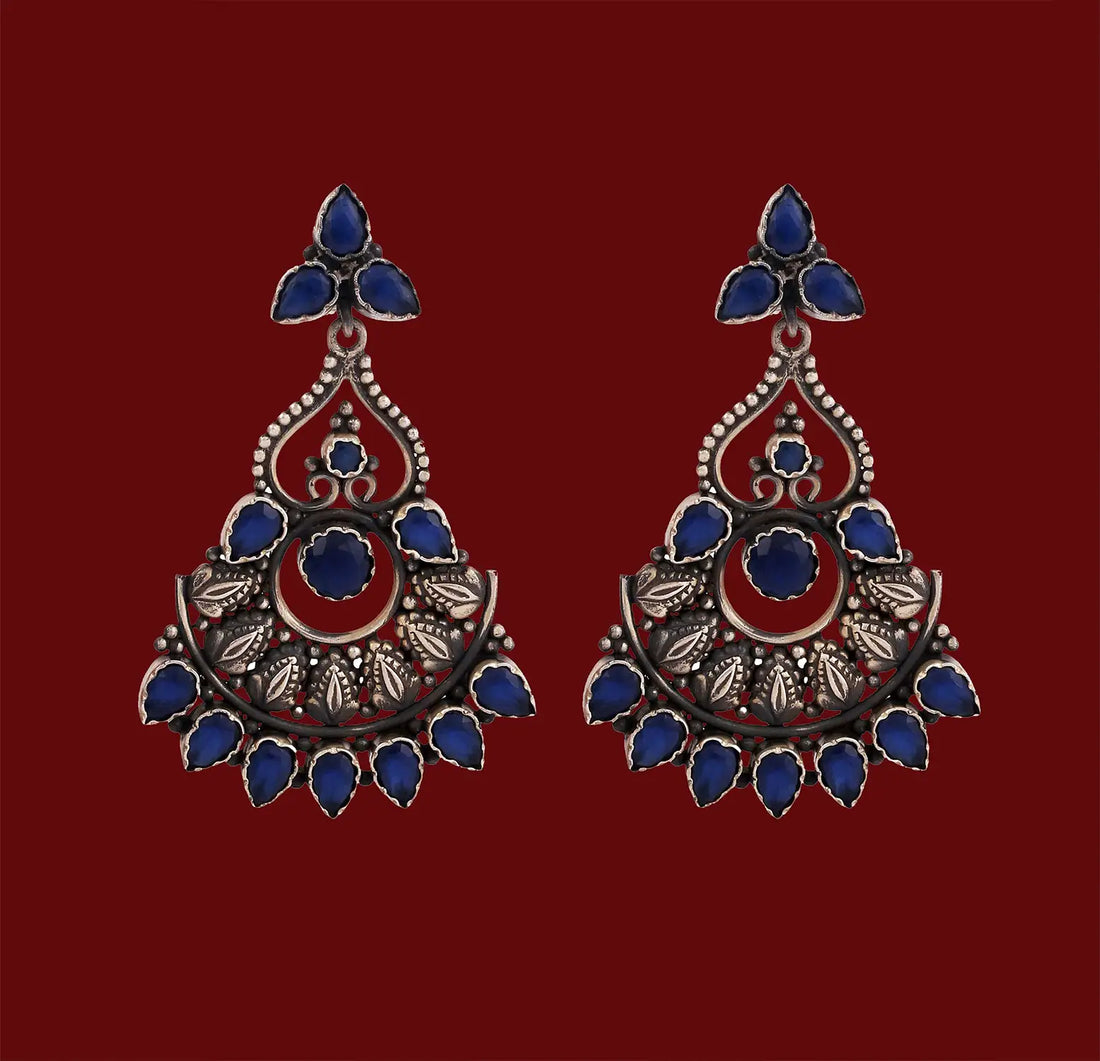 Silver Blue Stone Floral Earrings- Made With Pure 925 Silver