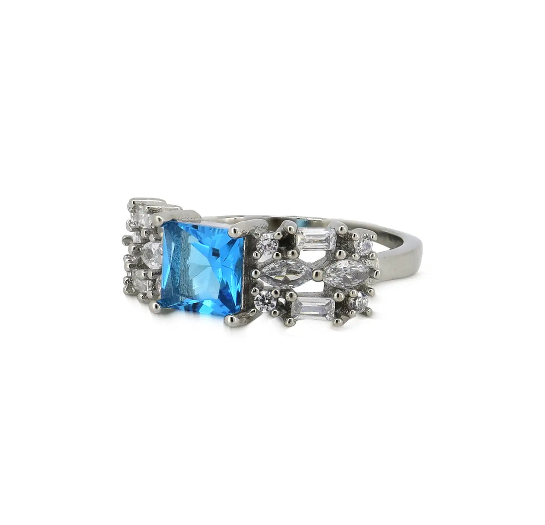 Blue Princess-Cut Stone Silver Ring - Made With Pure 925 Silver
