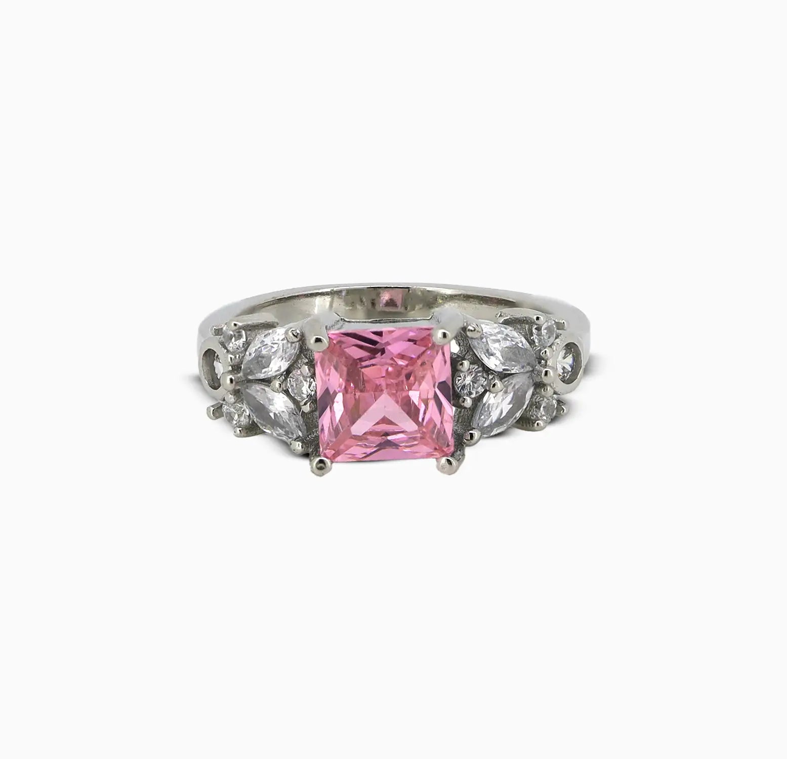 Pink Princess-Cut Stone Silver Ring - Made With 925 Pure Silver