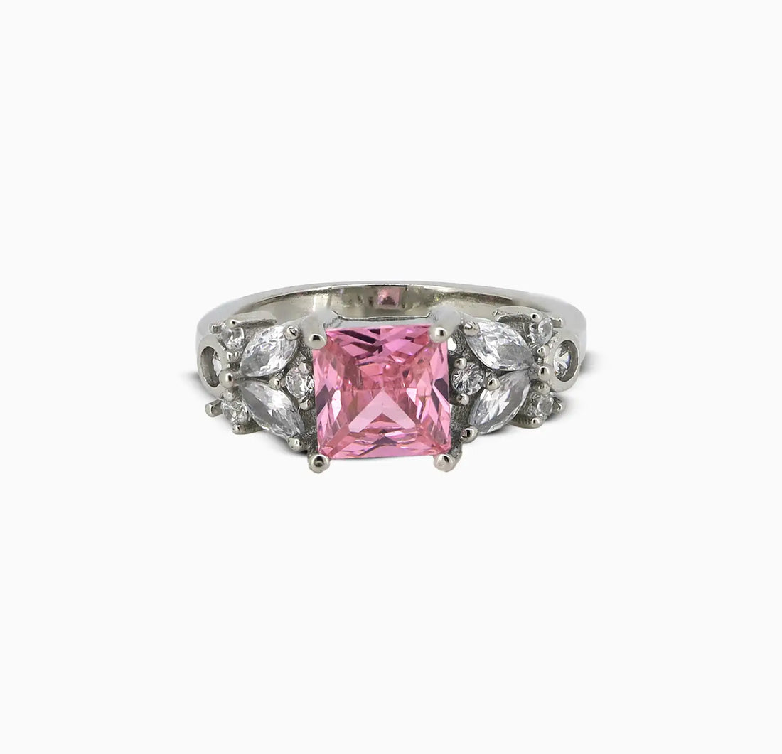 Pink Princess-Cut Stone Silver Ring - Made With 925 Pure Silver