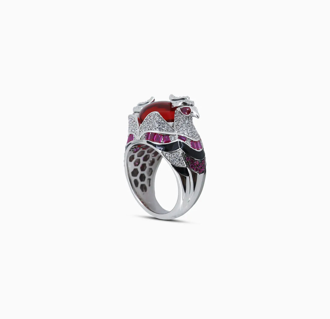 Pure Silver Red Enamel & CZ Statement Ring - Made With Pure 925 Silver