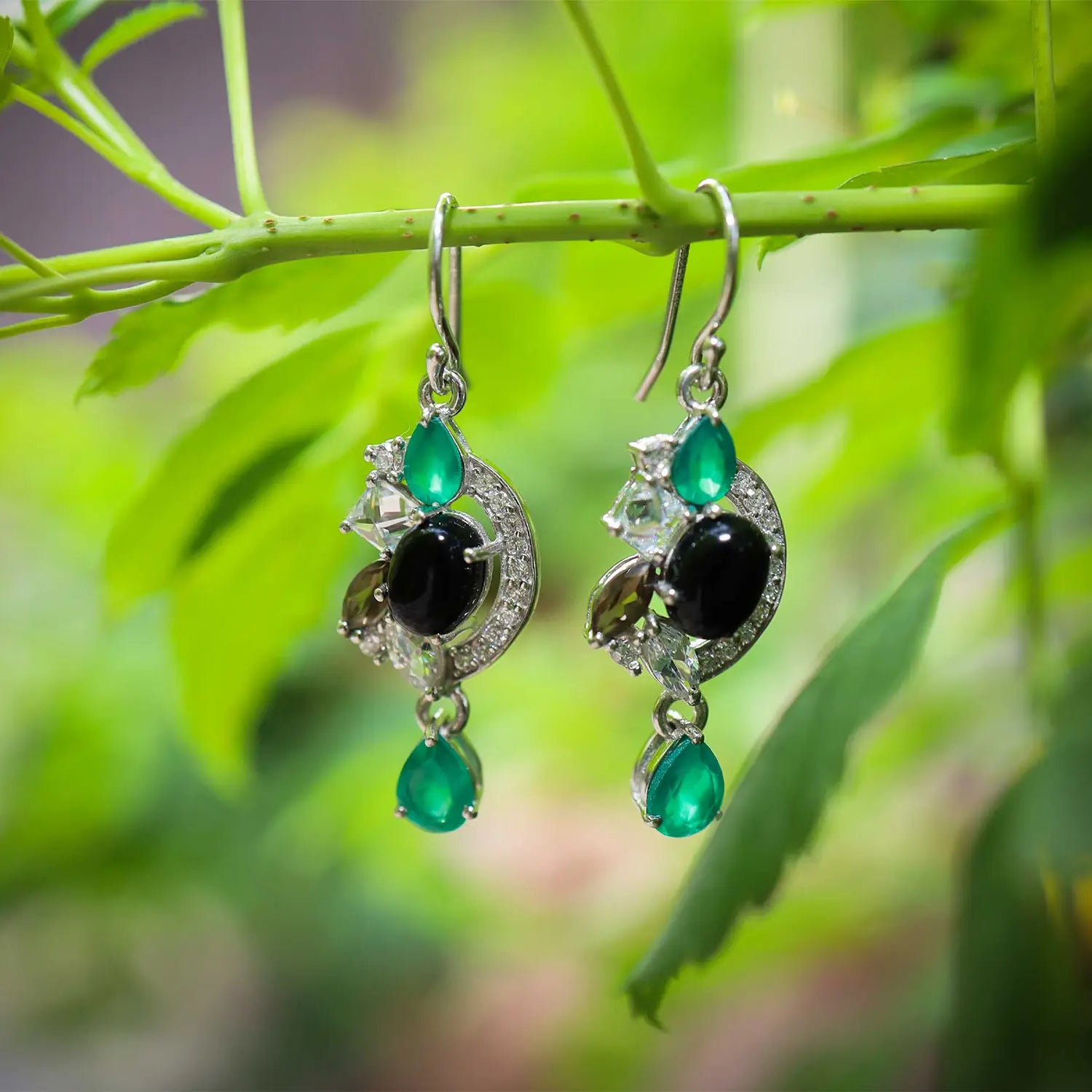 Pure Silver Multi-Stone Earrings with Black Onyx- Made With Pure 925 Silver