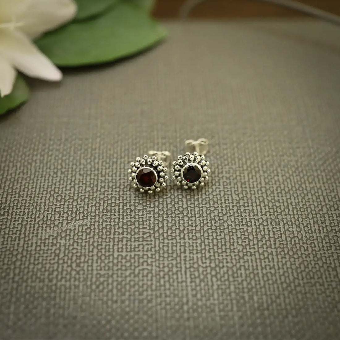 Silver Garnet Floral Stud Earrings- Made With Pure 925 Silver