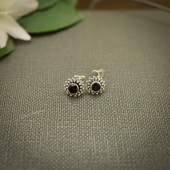 Silver Garnet Floral Stud Earrings- Made With Pure 925 Silver