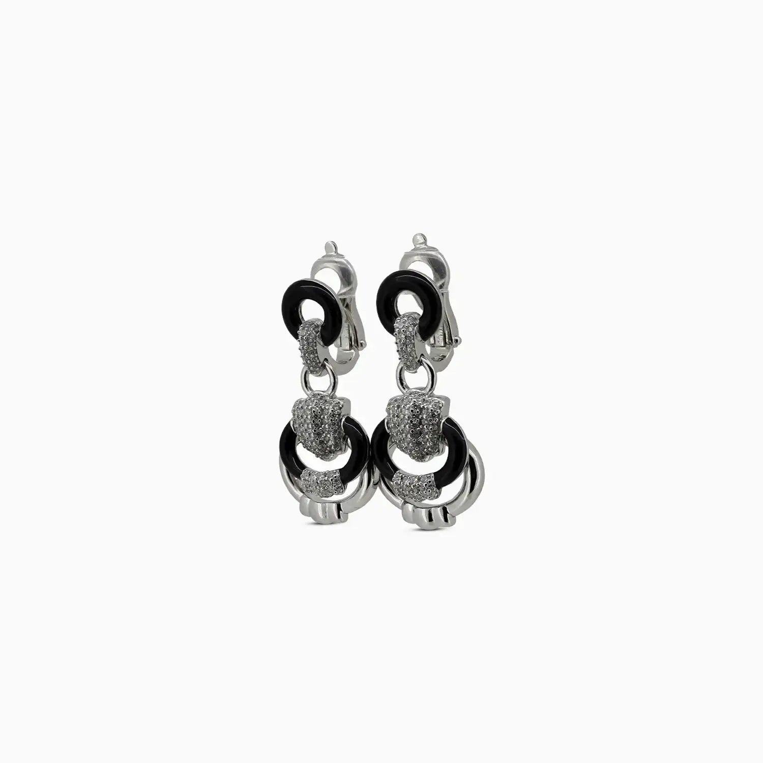 Chic Silver Drop Earrings with Black Enamel & CZ Accents - Made With Pure 925 Silver