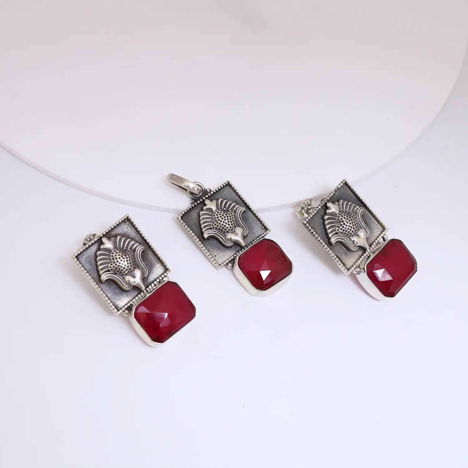 Vintage Ruby Floral Sterling Silver Pendant Set - Made With Pure 925 Silver