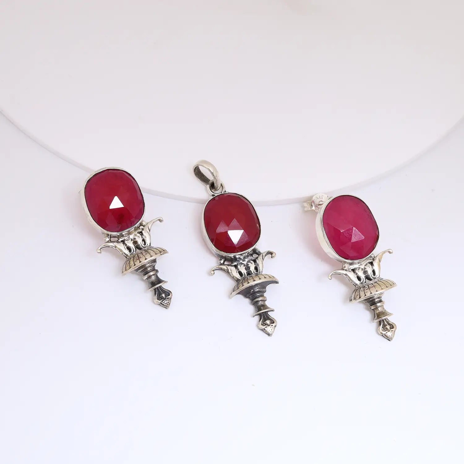 Traditional Ruby Stone Sterling Silver Pendant Set - Made With Pure 925 Silver