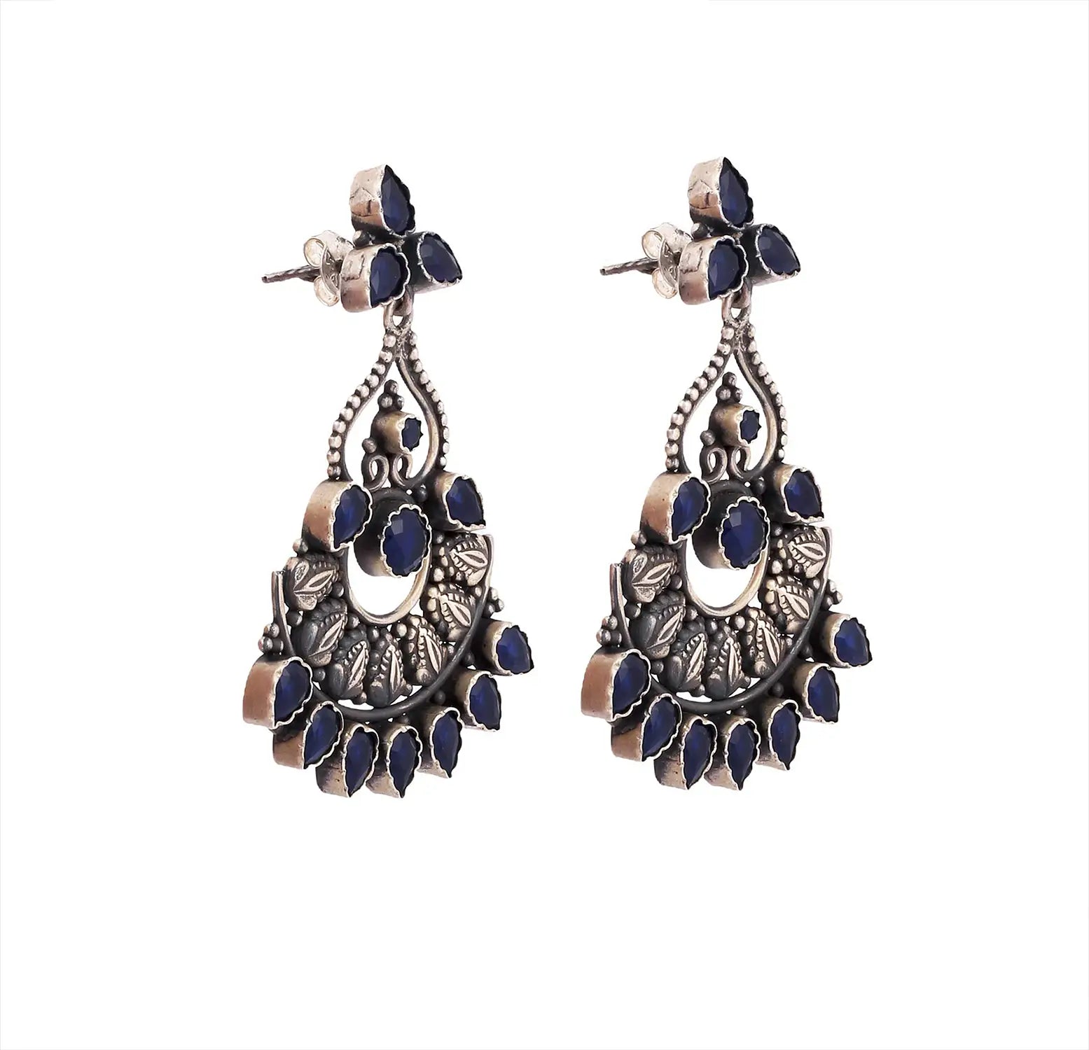 Silver Blue Stone Floral Earrings- Made With Pure 925 Silver