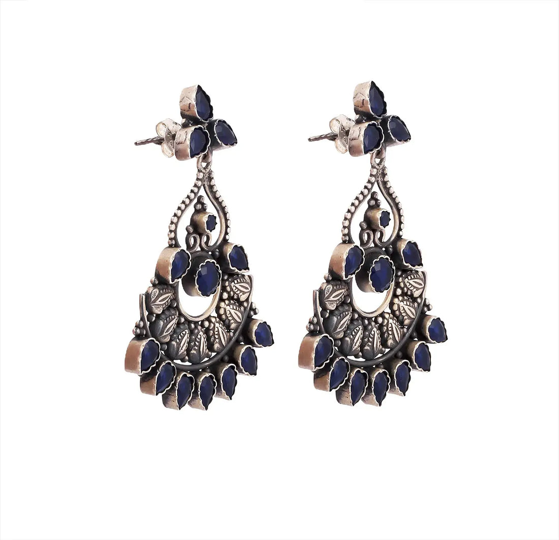 Silver Blue Stone Floral Earrings- Made With Pure 925 Silver