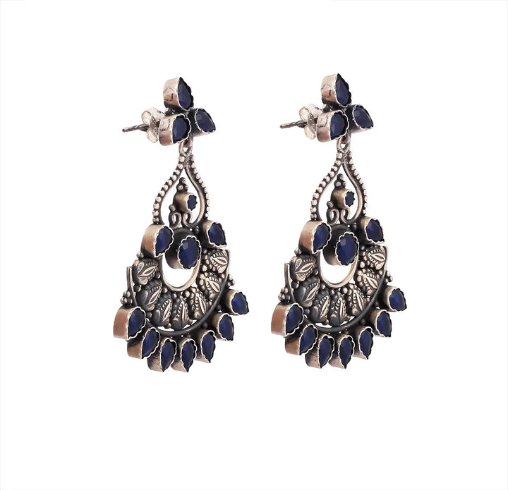 Silver Blue Stone Floral Earrings- Made With Pure 925 Silver