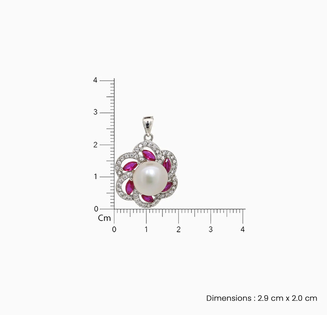 Elegant Pearl & Ruby Floral Silver Pendant - Made With 925 Pure Silver