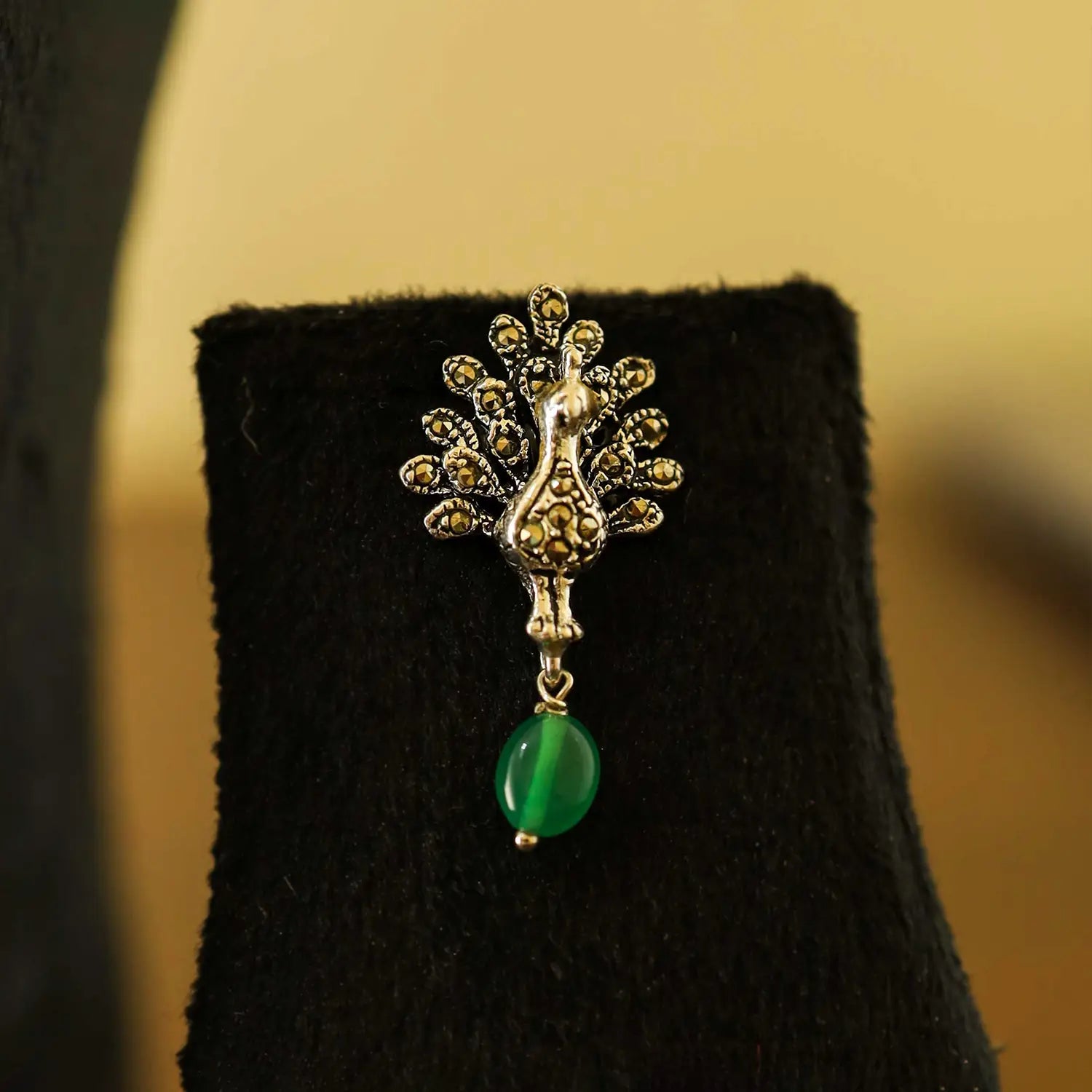 Antique Silver Peacock Necklace Set with Green Beaded Chain- Made With Pure 925 Silver