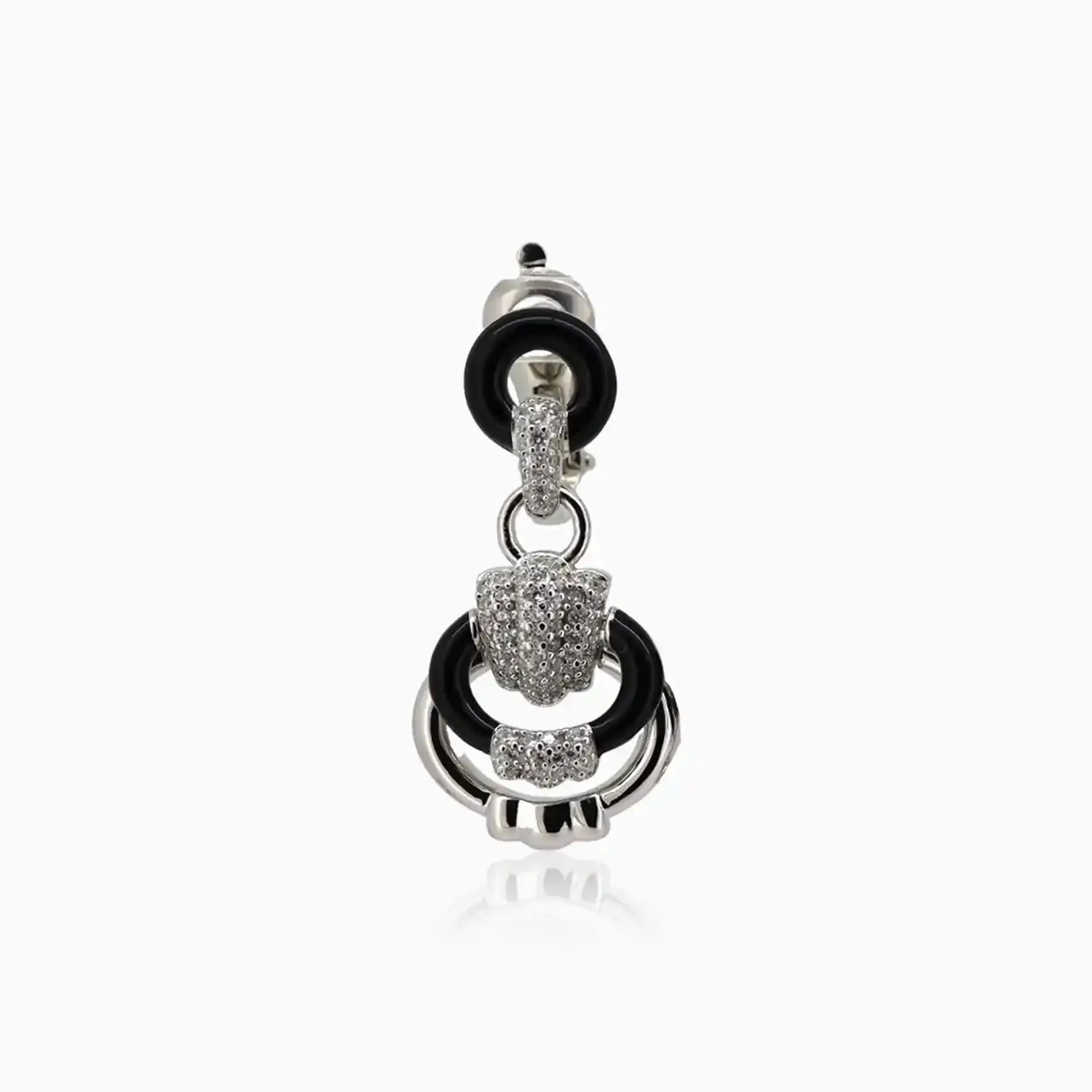 Chic Silver Drop Earrings with Black Enamel & CZ Accents - Made With Pure 925 Silver