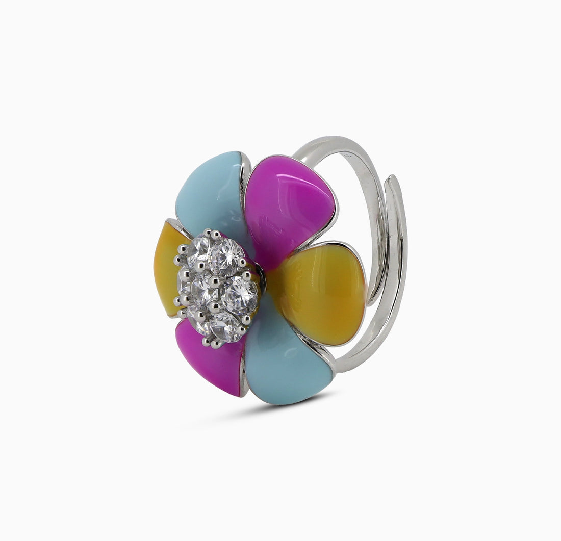 Colorful Floral Pure Silver Ring - Made With 925 Silver