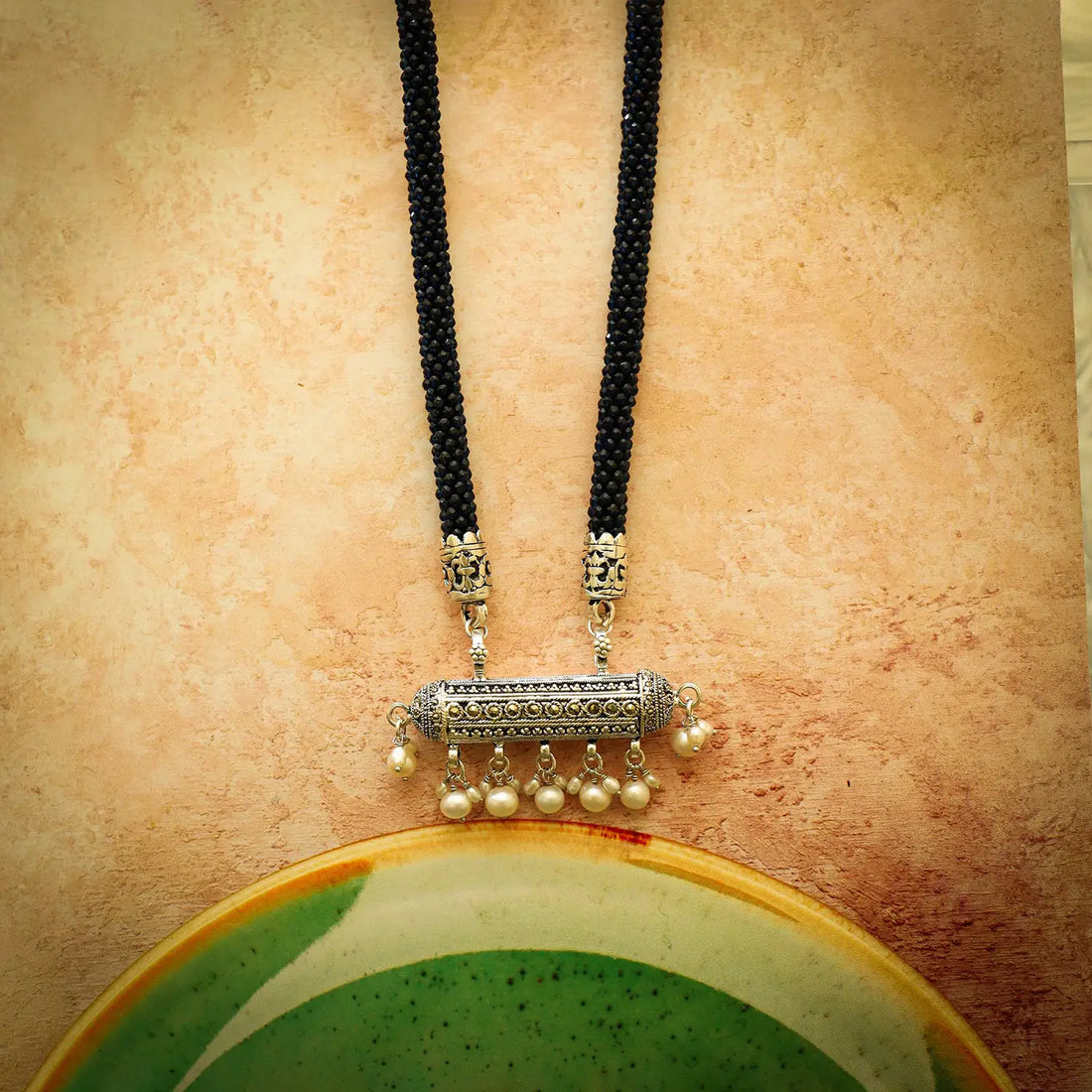 Antique Silver Cylindrical Pendant Necklace Set with Pearl Drops- Made With Pure 925 Silver
