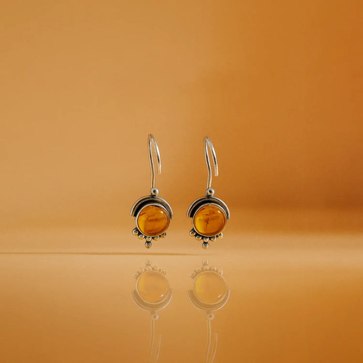 Silver Drop Earrings with Amber-Colored Stone- Made With Pure 925 Silver