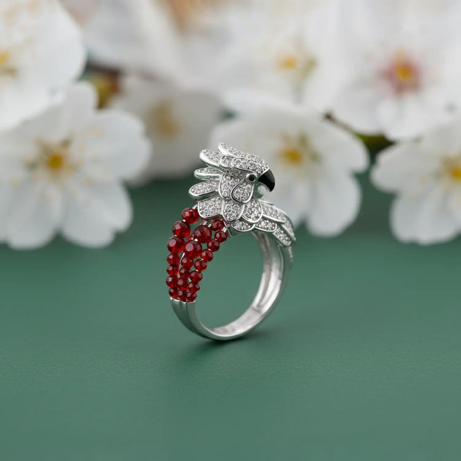 Pure Parrot Ring with Red Beads - Made With 925 Silver